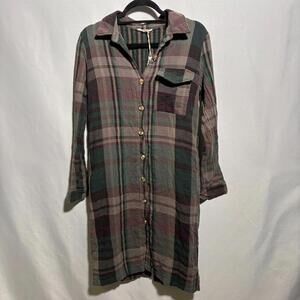 Brown Green Plaid Button Up Shirt Dress Cotton Grunge Dark Academia Pockets S **